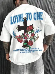 Vintage Street Style Graphic Print T-Shirt, Loose Fit Casual Top, Short Sleeve Fitted Long Tee, Unisex Christian Tattoo Design, Streetwear Man