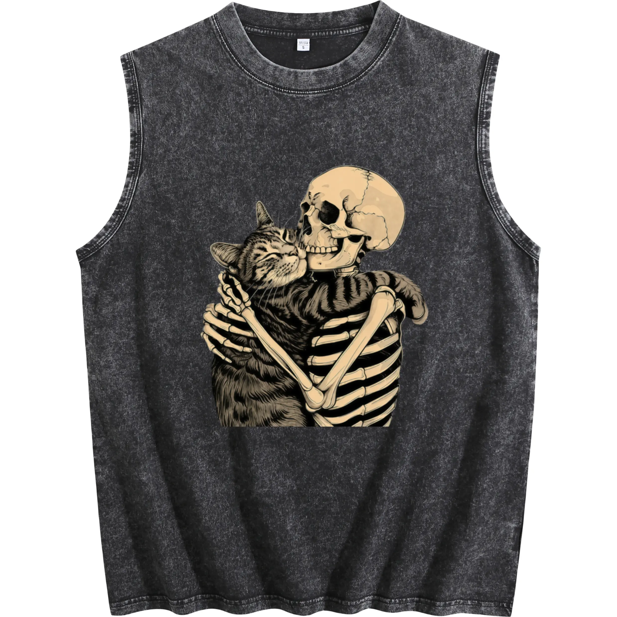 Men’s Gothic Washed Sleeveless Vest with Heavyweight Cotton – Skull & Tabby Cat Skeleton Print for Halloween and Christmas Casual Retro Style