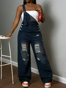 Women's Non-Stretch Distressed Denim Overalls, Loose Wide-Leg Jumpsuit, Casual Retro Streetwear Jeans for Women, Perfect for Daily Wear	