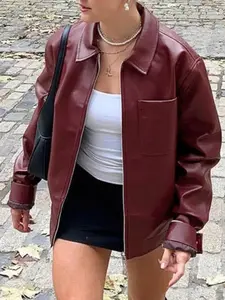 Women's Solid Color PU Leather Jacket, Casual Fashion Long Sleeve Outerwear for Daily Wear, Ladies Spring & Fall Clothes