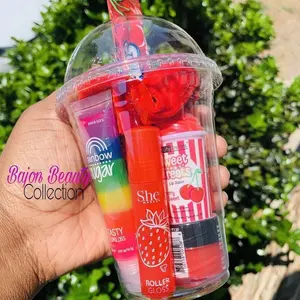 Bajon Beauty Glossy Lip Makeup Bundle - 16 oz Cup with 7 Glosses, Scrub, Balm & Scrunchie - Moisturizing Lip Products for Long-Lasting Wear