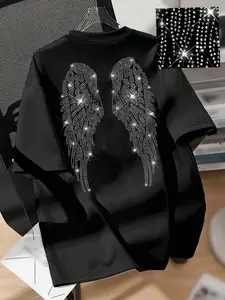 Women's Casual Short Sleeve T-Shirt, Top, Fabric with Back Rhinestone Angel Wings Print, Sparkling Shine, Comfortable Fit, All Seasons