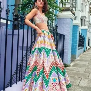 Vibrant Bohemian Lehenga Set, embroidered crop top, a matching lehenga, and a delicate dupatta