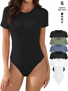 Body Suits for Womens Short Sleeve Round Neck Casual Stretchy Basic T Shirt Bodysuit Tops Womenswear