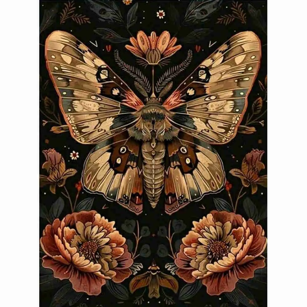 Vintage Death's Head Moth with Flowers Diamond Painting Kit, Dark Cottagecore Floral Moth Art, 5D Full Drill Round & Square Rhinestone Cross Stitch, Mystical Gothic Home Decor, Witchy Aesthetic DIY Craft Gift, Diamond Art Designs, Diamond Pattern Design
