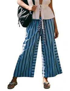 Mundoven Women Drawstring Striped Pants Loose Wide Leg Lounge Pants Casual Palazzo Pants Trousers with Pockets