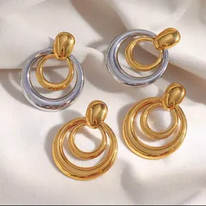 Triple Circle Drop Earrings – Gold & Two-Tone