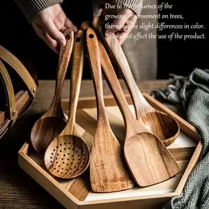 5pcs Natural Teak Cooking Utensils Set, Kitchen Spoons, Scrapers, Turners, Ergonomic Handles, Non-Toxic Surface, Ideal Gift