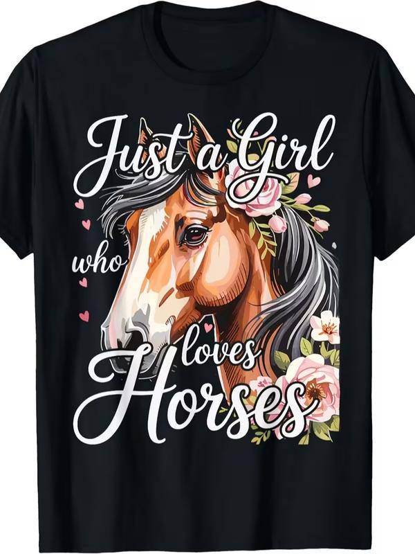 Women's Short-Sleeve Printed Horse Lover Graphic T-Shirt - Lady Girl Crew Neck, Floral Print, Retro Casual Style, Everyday Fit Single-Piece Top