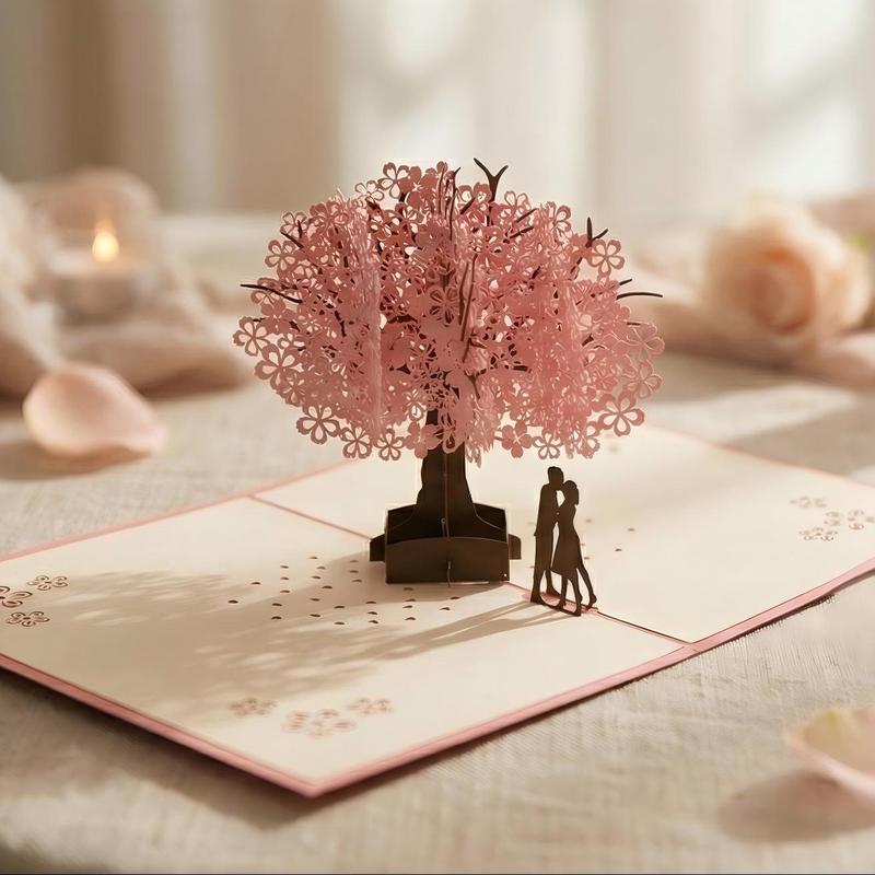 Handmade Cherry Blossom Card Pop Up 3D Flower Romantic Love Letter Greeting Anniversary Wedding Valentine Birthday Gift Card Blank Stationery Paper for Her Him Husband Wife