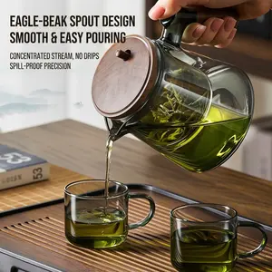 Glass Teapot with Removable Infuser & Wooden Handle - Borosilicate Heat Resistant Loose Leaf Tea Brewer for Office & Home