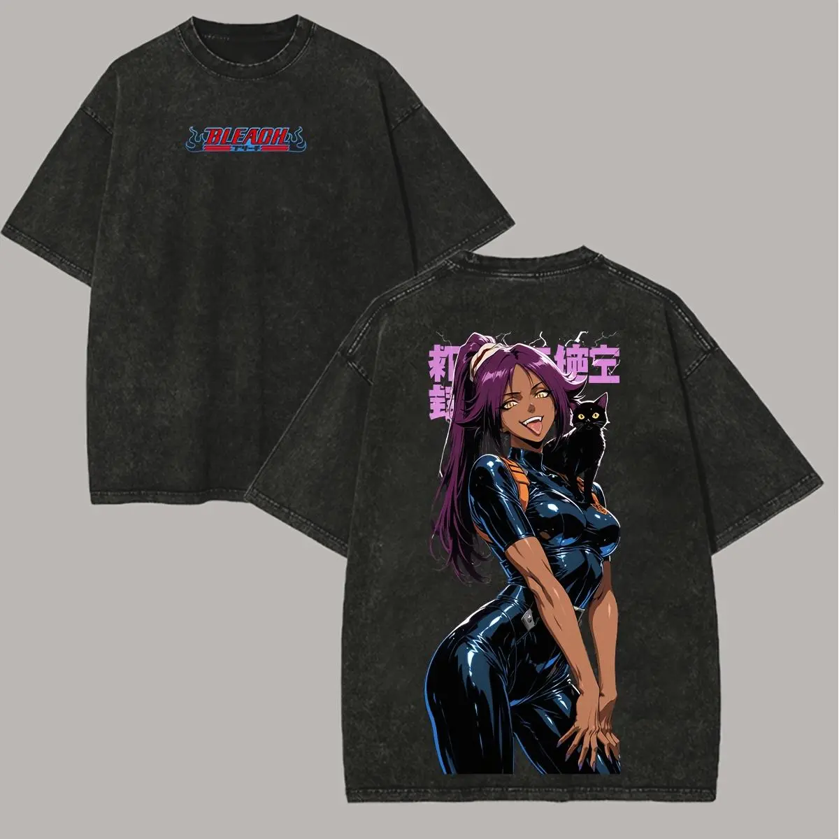 Vintage Streetwear T-Shirt with Yoruichi Anime Figure Graphic, Men's Washed Cotton Top with Round Neck and Fitted Cut, L, No