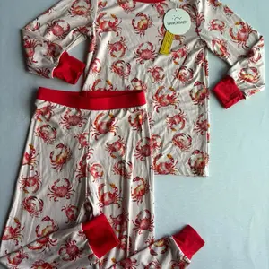 Lil Crabbie Bamboo Two Piece Set - Long Sleeve Top & Pants, 95% Bamboo, 5% Spandex, Red Design, Ideal for Spring and Summer