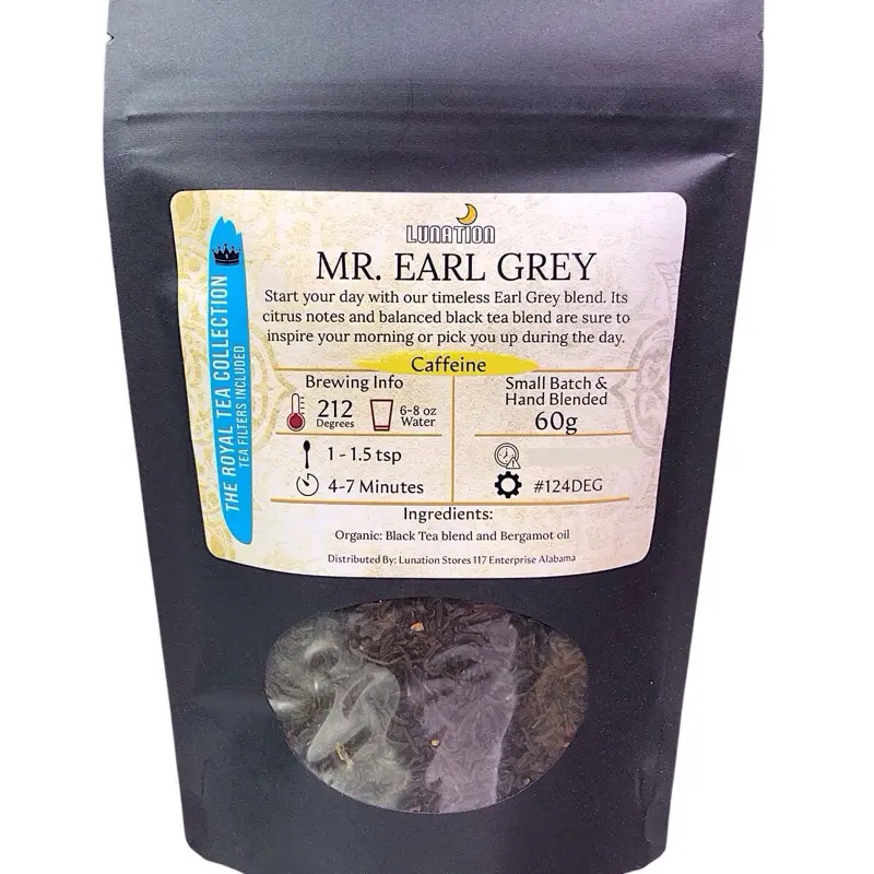 Lunation Stores Mr. Earl Grey Tea - Hand Crafted Black Tea with Bergamot, 60g, Caffeine, 4-7 Min. Brewing Time - Beverage