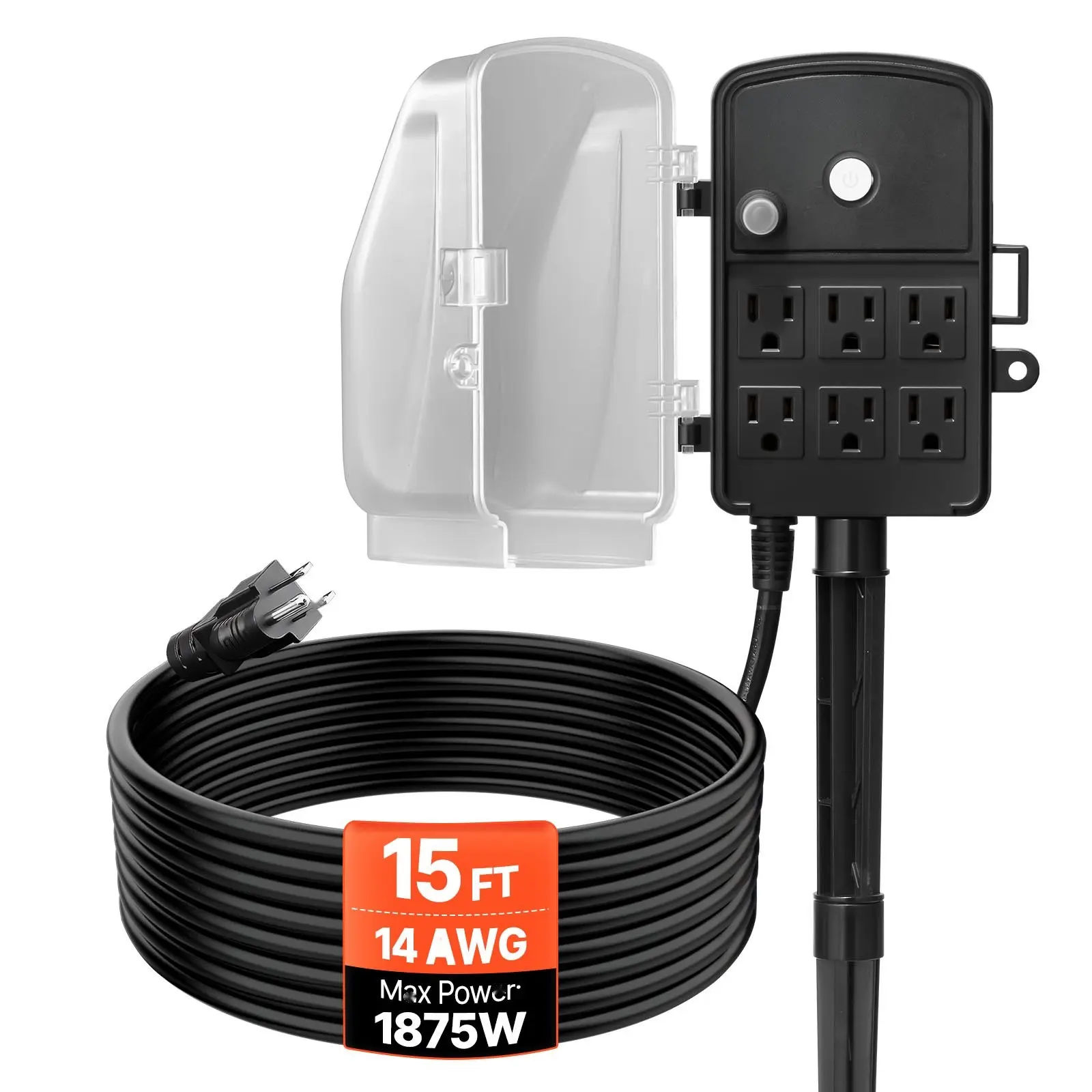 Outdoor Power Stake With 15-Foot Extension Cord, Weatherproof Power Strip With Cover And Overload Protection, Six Outlets, 15A/1875W, Waterproof Multi-Outlet Yard Stake For Christmas Lights, Outdoor Use
