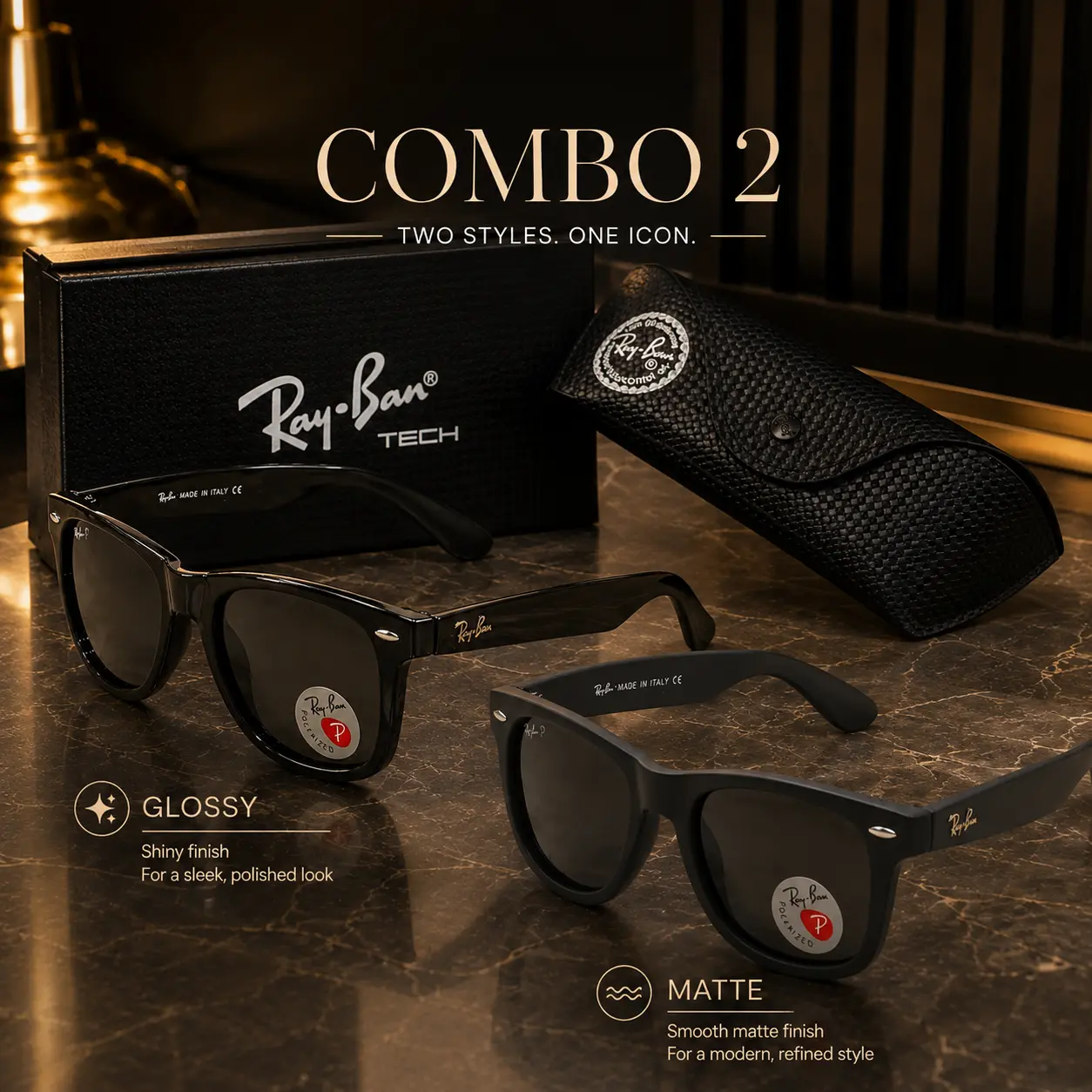 Ray-Ban Black Polarized Sunglasses – Glossy & Matte Frame with UV400 Lens Protection for Men & Women