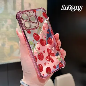 Four Corner Anti-Fall Cherry Bow Hearts Pattern Phone Case for iPhone 16 Pro Max 15 Plus 14 13 12 11 E Shockproof Transparent Electroplated Protective Cover