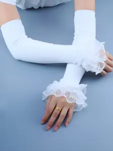 Fashion Long Knitted High Elastic Fingerless Arm Sleeves, Multi-Layer Lace Trim Decoration, Fake Sleeve Gloves for Women Girls