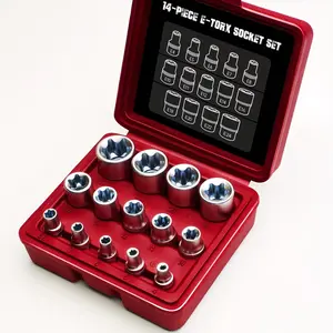 14 Piece Female E-Torx Socket Set with Box, 1/4 Inch, 3/8 Inch, 1/2 Inch, External Star Drive Sockets, Includes Sizes E4-E24