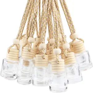 20 Pcs 8ml Hanging Car Air Freshener Diffuser,Empty Clear Glass Essential Diffuser Oil Aromatherapy Fragrance Perfume Pendant Glass Vials with Wooden Caps & Hanging String,Cylindrical