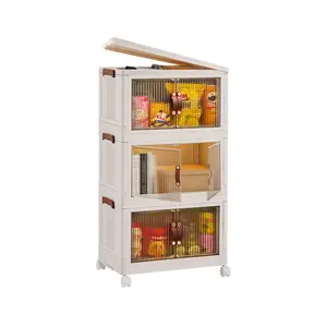 3Pcs Plastic Movable Foldable Translucent Storage Boxes with Magnetic Front Door, Collapsible Stackable Home Organizer Bins, 4Pcs 360° Rotatable Wheels & 8Pcs Small Wheels for Laundry, Kitchen
