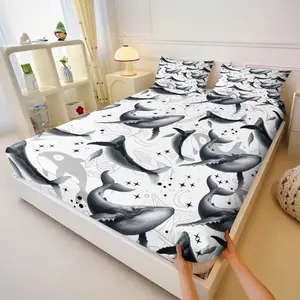 Hand Drawn Blue Whale Mattress Set, Minimalist Healing Bedding, Includes 2 Coreless Pillowcases, Smooth Breathable Fabric
