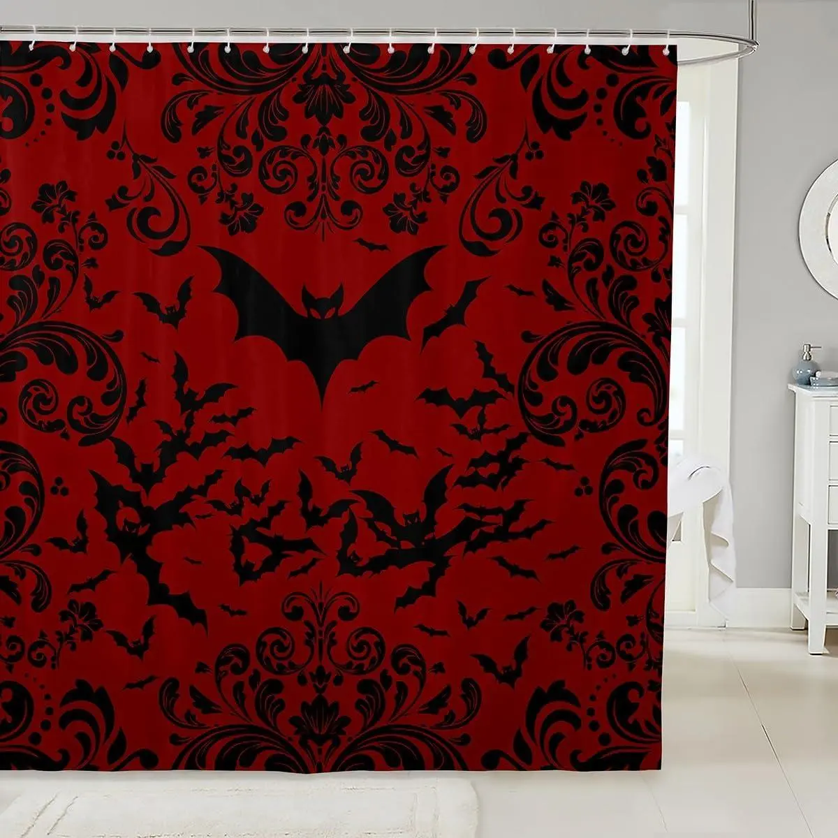 Feelyou Gothic Halloween Bat Shower Curtain - Waterproof Washable Polyester, Digital Print Bat Motif Red Black Damask Bold Pattern, Colorful Print, Multi-Size Bathtub Fit, Curved Hook with C-Hooks, for Kids, Bold Pattern Curtains, Colorful Print Curtains