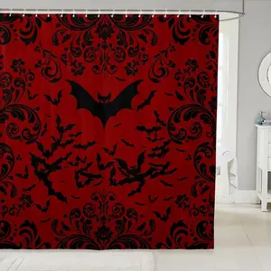 Halloween Bat Shower Curtain for Kids Boys,Red Black Gothic Bathroom Curtain for Teen Men,Goth Damask Bats Bathroom Accessories