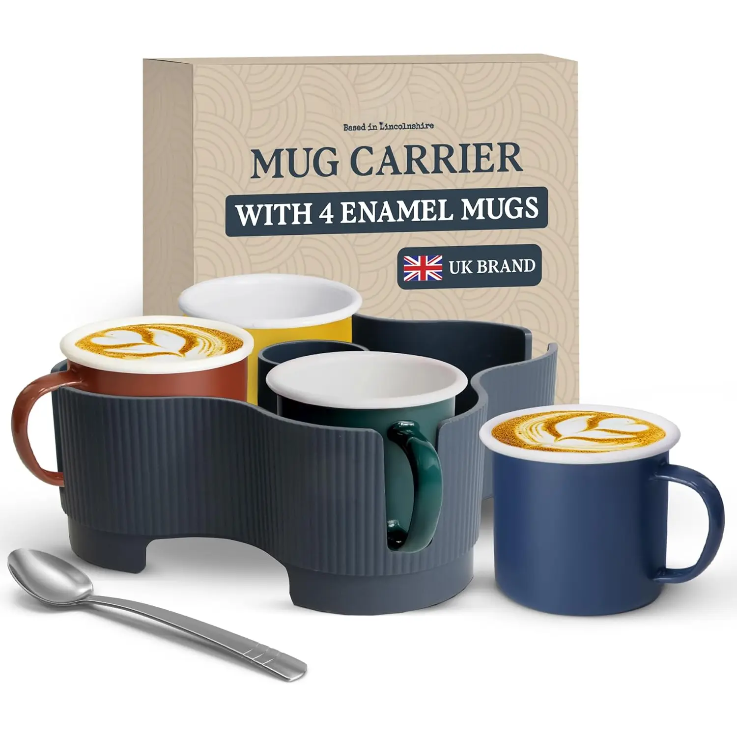 Drink Carrier with 4 Enamel Coffee Mugs - UK Made Drink  Portable Mug Carrier - Sturdy RV Cup Organizer and Travel Tray - Spill Resistant -  for Camping