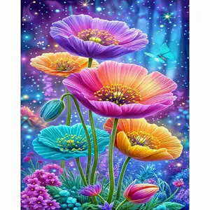 Colorful Poppy Flowers With Blue Butterfly Sparkling Fantasy Forest Floral Art 5D Full Drill Round & Square Diamond Painting Kit, DIY Rhinestone Cross Stitch, Dreamy Flower Wall Decor, DIY Craft Supplies