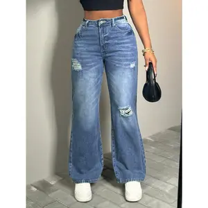 Yzara Women's Mid-Rise Baggy Straight Leg Jeans Vintage Washed Distressed Ripped Wide Leg Denim Pants Womenswear Everyday Casual Fabric Bottoms Chunky