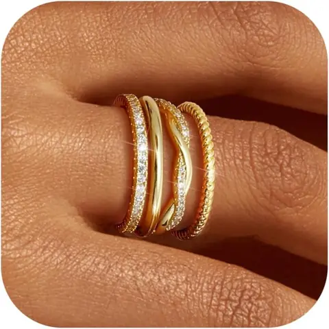 Women's Florideco 14K Gold Plated Dainty Gold-Tone Stacking Thin Rings Set, Non-Tarnish Cubic Zirconia Mix-Match Stacks Jewelry, Size 5-10 Keeps Shine Promise Wedding Engagement Thumb Bands, Non Tarnish Jewelry