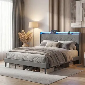 Upholstered Full Bed Frame with Height-Adjustable Headboard, 3 USB Charging Ports, LED Light Strip & Bluetooth Controller
