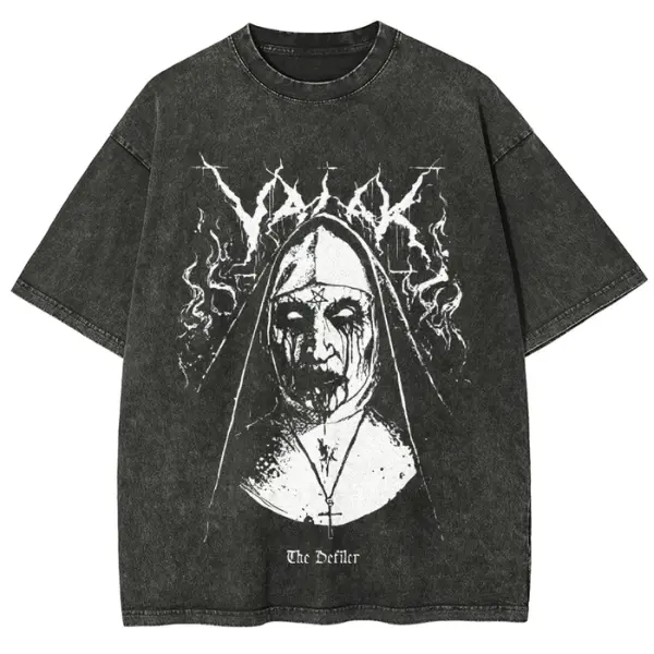 Black Metal Grunge Demonic Nun Horror Graphic Distressed Charcoal Acid Vintage Graphic T-Shirt
