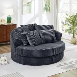 Oversized Round Corduroy Barrel Chair, Chaise Lounge Daybed with 5 Pillows