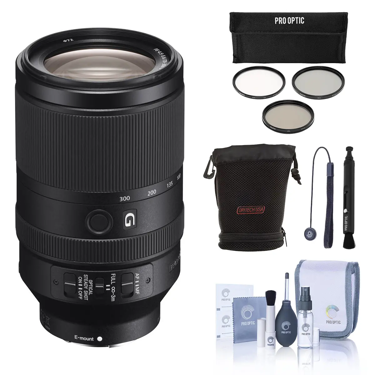 Sony FE 70-300mm f/4.5-5.6 G OSS Lens for Sony E, Bundle with 72mm Filter Kit, Lens Case, Lens Cleaner, Cleaning Kit, Lens Cap Tether