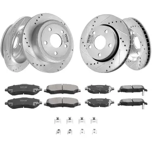 VEVOR Front and Rear Brake Kit Compatible with 2007-2017 Jeep Wrangler, Drilled and Slotted Brake Rotors Ceramic Brake Pads Replacement, 11.9 Front Rotors 12.4 Rear Rotors