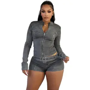 Women Set Spring Autumn Fashion Long Sleeved Stretch Denim Crop Jacket And Short Jeans Casual Two Piece Set Women Jacket Set Clothes Suits