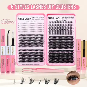 RITALASH 655Pcs DIY Lash Extension Kit D Curl 6 styles Individual Wispy Lash Clusters Eyelashes Extension Set with Lash Bond&Seal Glue Remover Tweezers