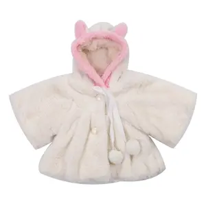 Baby Girl Faux Fur Coat Pearl Button Bow Cute Bunny Ear Hooded Outwear Thick and Warm Jacket