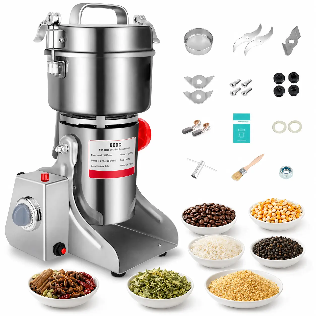 3500W Compact Corded Grain Grinder - Food Grade Steel Body Electric Mill, 800g Rotatable Pulverizer with 1-Touch Operation, Ideal for Dry Grains, Spices, Herbs for Home & Commercial Use