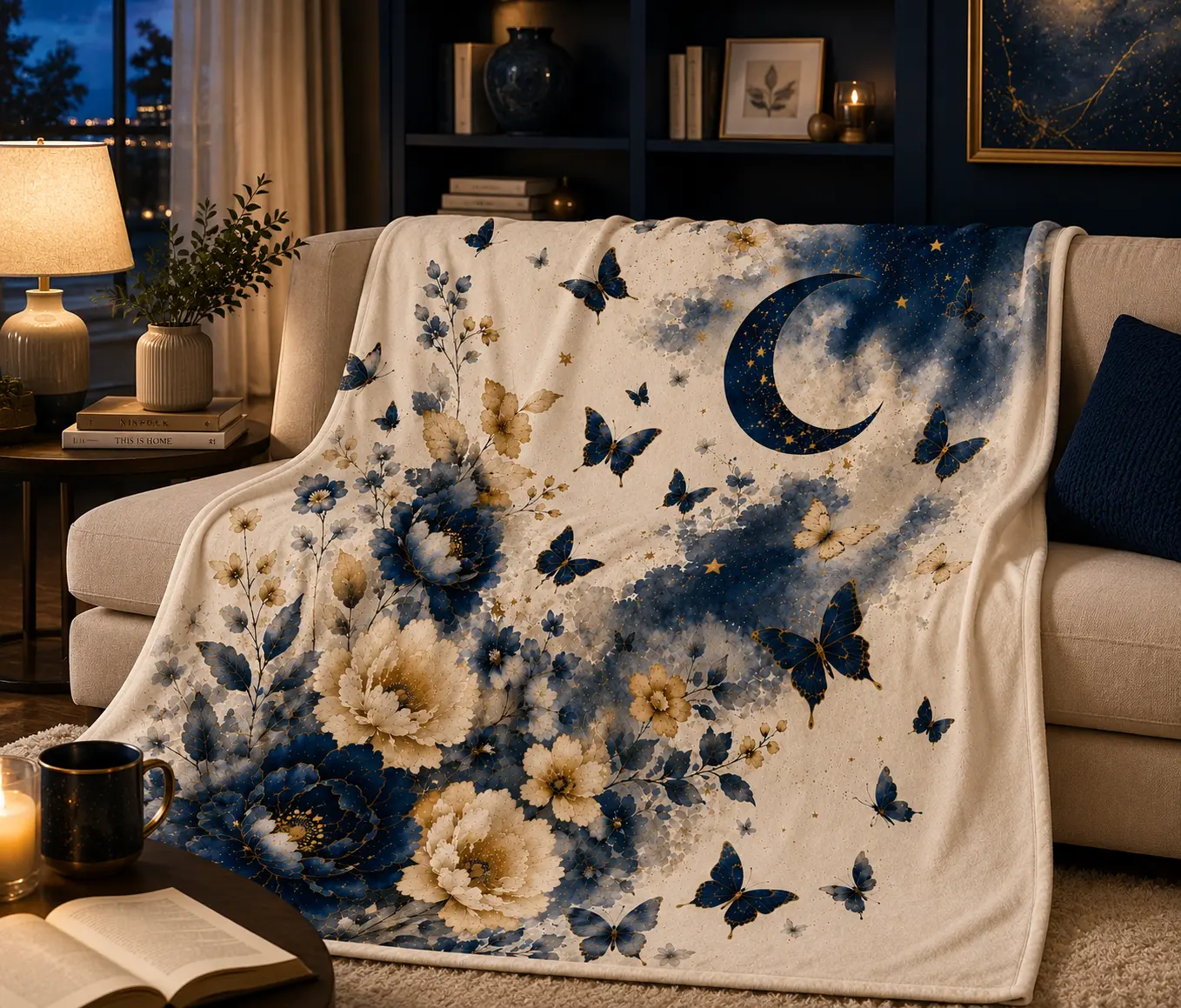 Midnight Moon Floral Flannel Throw Blanket, Navy Blue Butterfly Fleece Blanket, Elegant Botanical Cozy Throw for Bedroom, Couch & Luxury Home Decor