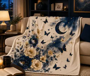 Midnight Moon Floral Flannel Throw Blanket, Navy Blue Butterfly Fleece Blanket, Elegant Botanical Cozy Throw for Bedroom, Couch & Luxury Home Decor