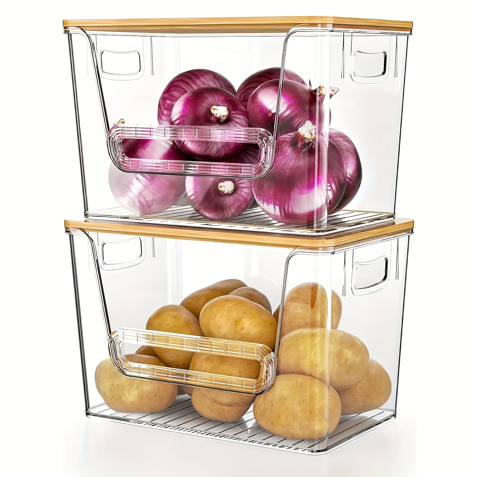 2 Pcs All-Purpose Transparent Plastic Food Storage Boxes with Dustproof Wooden Lids - Fridge Organizers, Stackable Organizer Storage Boxes for Home Supplies, Kitchen Pantry Items, Refrigerator Storage