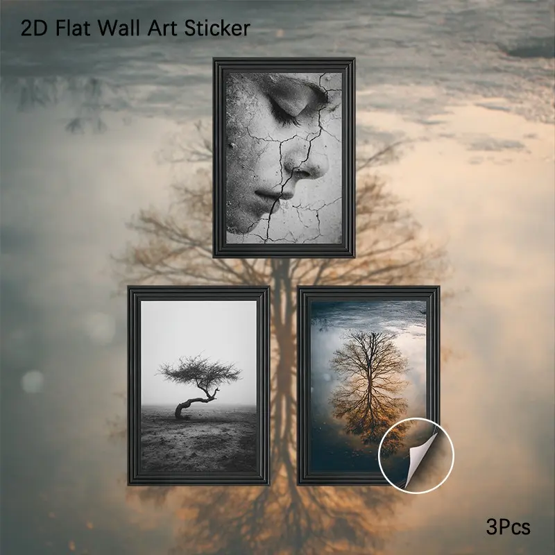 2D Flat Wall Art Sticker, 3Pcs PVC Self-Adhesive Framed Wallpaper Sticker, Minimalist Solitary Tree & Art Portrait Wall Decals, Aesthetic Black and White Nature Wall Decor for Living Room, Bedroom, Office, Perfect Gift for Art Lovers, Aesthetic Fans
