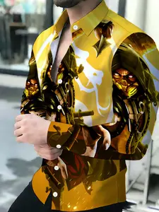 Men's Yellow Mortal Kombat Scorpion Graphic Print Long Sleeve Button-Up Shirt
