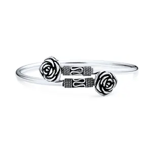 Bali Rose Bangle Bracelet .925 Sterling Silver Balinese Flower Tips Bypass Oxidized Finish