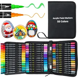 50 Colors Dual Tip Acrylic Paint Pens Paint Markers with Carrying Case, Acrylic Markers for Rock Painting, Wood, Glass, Plastic, Fabric, Ceramic, Painting Kit for Adults and Kids Crafts Supplies