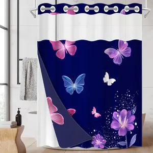 1pc hookless shower curtain with buckle lining, spring pink, purple, blue and white butterfly flower design, 2D flat printing, fabric waterproof lining, see-through double-layer shower curtain, 71 x 74 inches, modern home draping curtain Bathroom Supplies