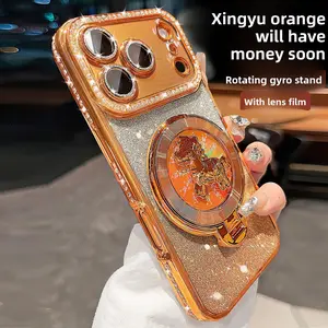Glitter Paper Soft Mobile Phone Case with 360-Degree Rotatable Small Horse Stand, Compatible with iPhone 13/14/15/16/17 Pro Max outdoorfun